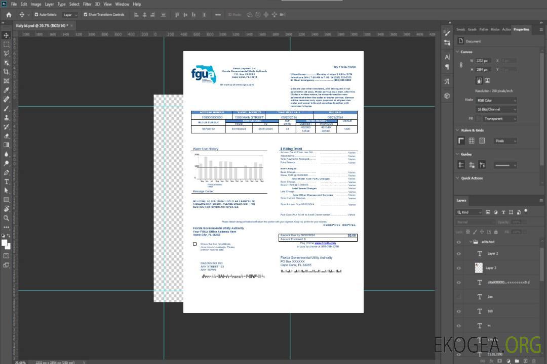 Modèle de facture de services publics des États-Unis, Floride, FGUA, aux formats Word et PDF template